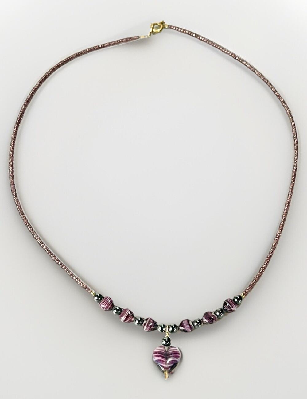 14k GF Necklace w/ Vintage Pearl Purple Bead/ Fluorite Heart Shaped Pendant